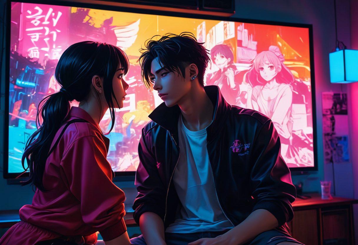 A vibrant illustration depicting an anime scene featuring characters in dynamic poses with expressive facial expressions, surrounded by elements symbolizing adult themes like passion and intimacy. Include a collage of manga panels in the background blending into a television screen displaying a colorful adult anime. The atmosphere should evoke excitement and curiosity, with neon lights and soft shadows enhancing the mood. vivid colors. cyberpunk style.