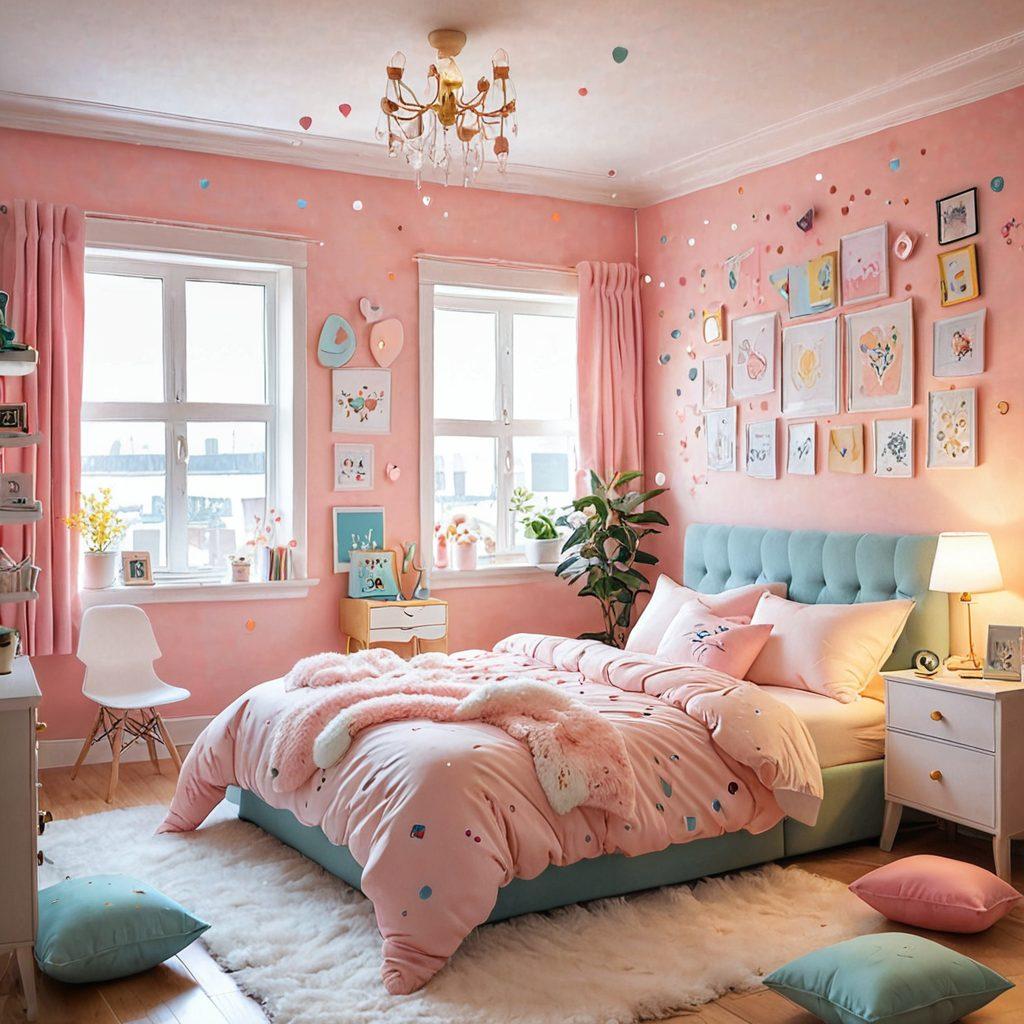 A vibrant and playful illustration of a serene, inviting bedroom adorned with soft pastel colors and plush pillows. In the center, a whimsical, cartoonish character is joyfully exploring an array of illustrative adult-themed manga comics, surrounded by floating hearts and sparkles that radiate happiness. Soft lighting enhances the cozy ambiance, inviting viewers to indulge in a world of pleasure and creativity. cartoon style. vibrant colors. soft lighting.