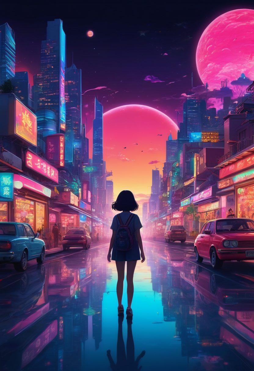 A whimsical scene featuring a colorful landscape filled with playful, cartoonish characters inspired by adult anime—complete with exaggerated expressions and dynamic poses. The setting includes a vibrant cityscape with neon lights and fantastical elements, such as floating islands and whimsical creatures. Soft, warm lighting creates a joyful atmosphere, while hints of hentai art style are subtly blended in the background. surreal, vibrant colors, playful styles, high contrast.